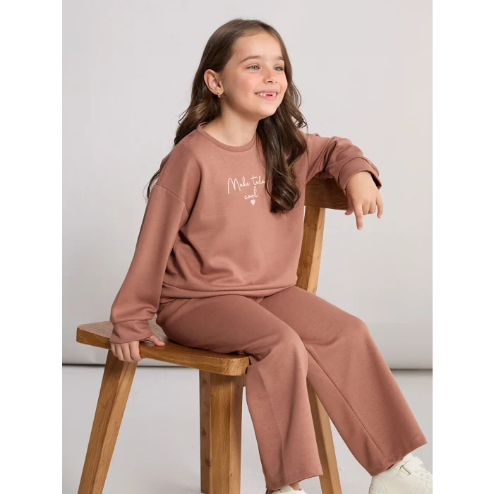 LCW Kids Kahverengi Bisiklet Yaka Kız Çocuk Sweatshirt ve Eşofman Altı