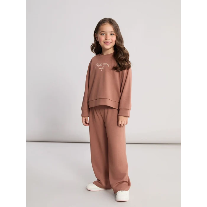 LCW Kids Kahverengi Bisiklet Yaka Kız Çocuk Sweatshirt ve Eşofman Altı