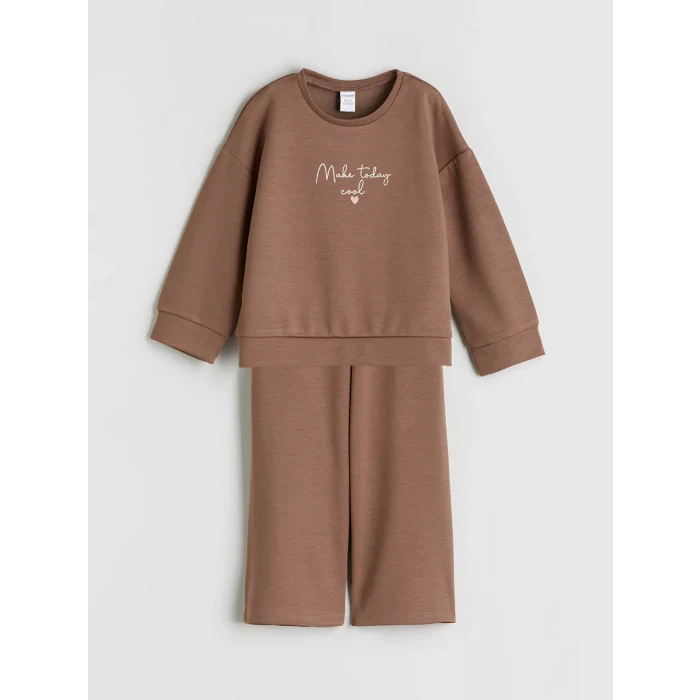 LCW Kids Kahverengi Bisiklet Yaka Kız Çocuk Sweatshirt ve Eşofman Altı