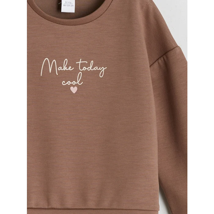 LCW Kids Kahverengi Bisiklet Yaka Kız Çocuk Sweatshirt ve Eşofman Altı