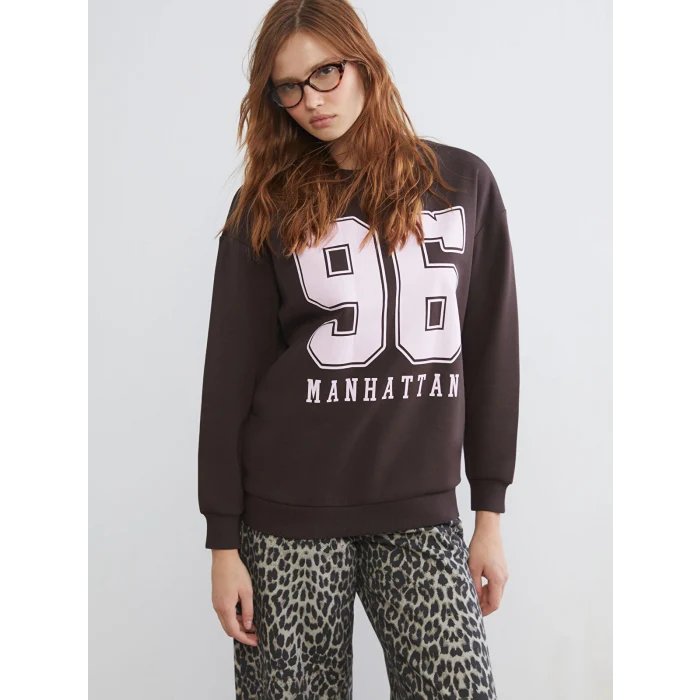 XSIDE Kahverengi Bisiklet Yaka Baskılı Oversize Kadın Sweatshirt