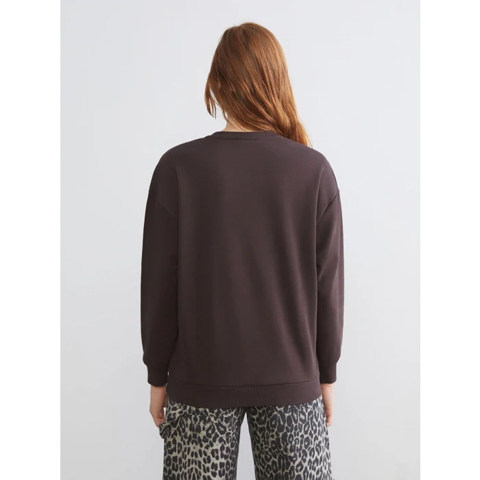 XSIDE Kahverengi Bisiklet Yaka Baskılı Oversize Kadın Sweatshirt