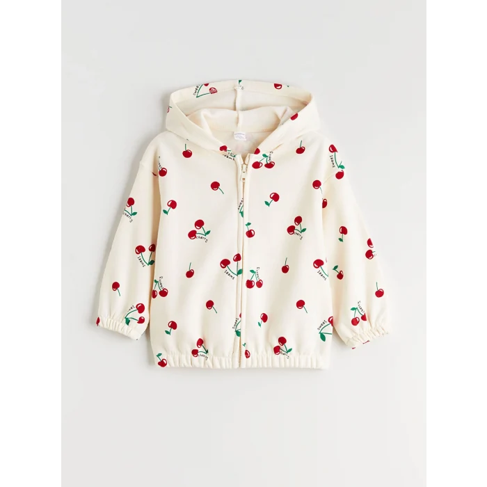 LCW Kids Ekru Kapüşonlu Baskılı Kız Çocuk Fermuarlı Sweatshirt