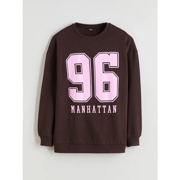 XSIDE Kahverengi Bisiklet Yaka Baskılı Oversize Kadın Sweatshirt
