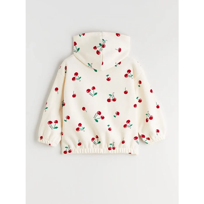 LCW Kids Ekru Kapüşonlu Baskılı Kız Çocuk Fermuarlı Sweatshirt