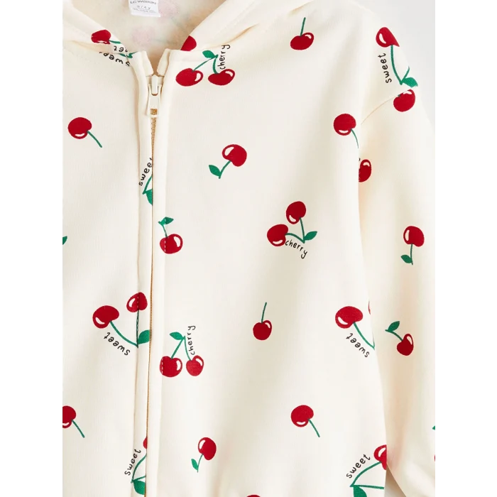 LCW Kids Ekru Kapüşonlu Baskılı Kız Çocuk Fermuarlı Sweatshirt