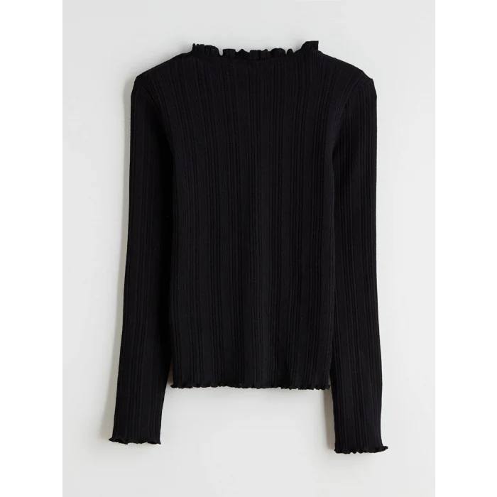 LCW Kids Siyah Fırfırlı Dik Yaka Kız Çocuk Tişört