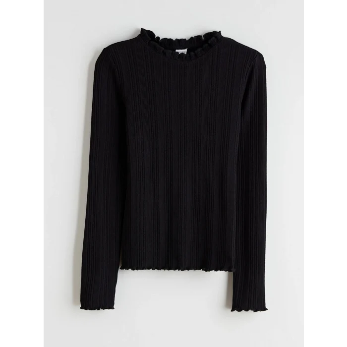 LCW Kids Siyah Fırfırlı Dik Yaka Kız Çocuk Tişört