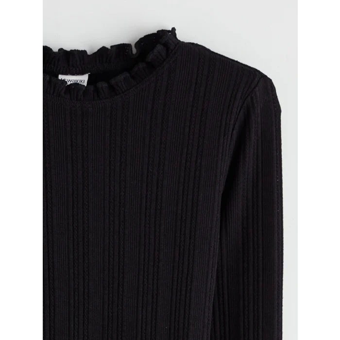 LCW Kids Siyah Fırfırlı Dik Yaka Kız Çocuk Tişört