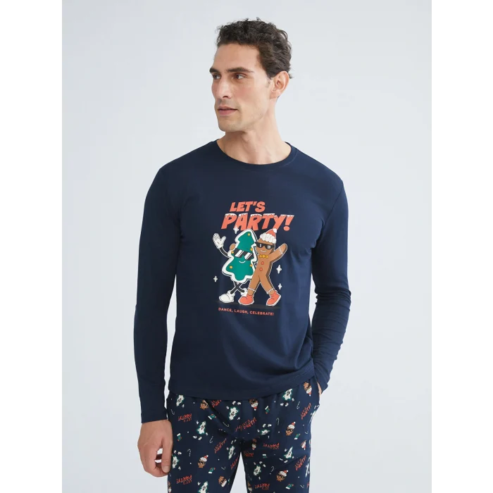 LC WAIKIKI Lacivert Standart Kalıp Yılbaşı Temalı Erkek Pijama Takımı