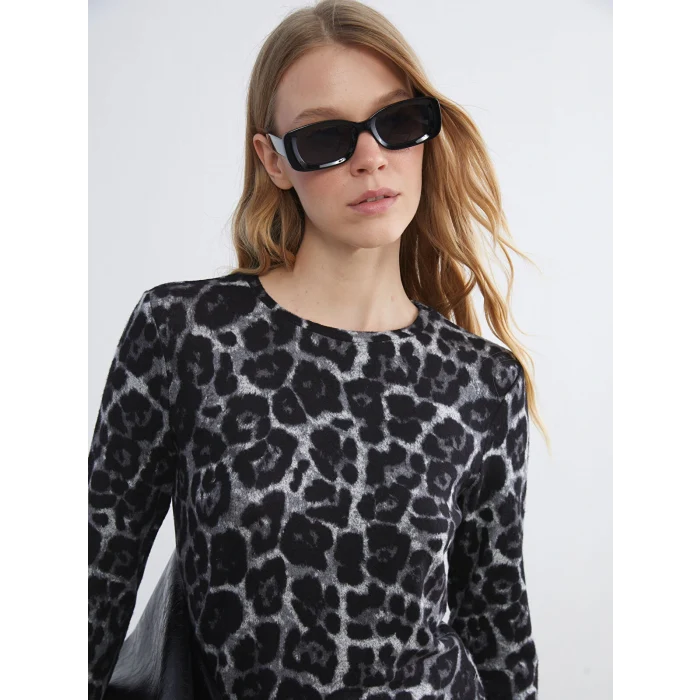 LCWAIKIKI Basic Kahverengi Bisiklet Yaka Desenli Bluz