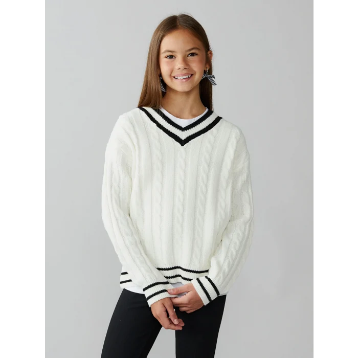 LCW Kids Ekru V Yaka Kız Çocuk Triko Kazak