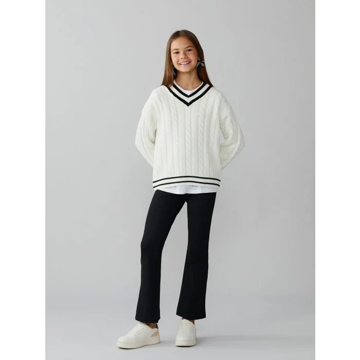 LCW Kids Ekru V Yaka Kız Çocuk Triko Kazak