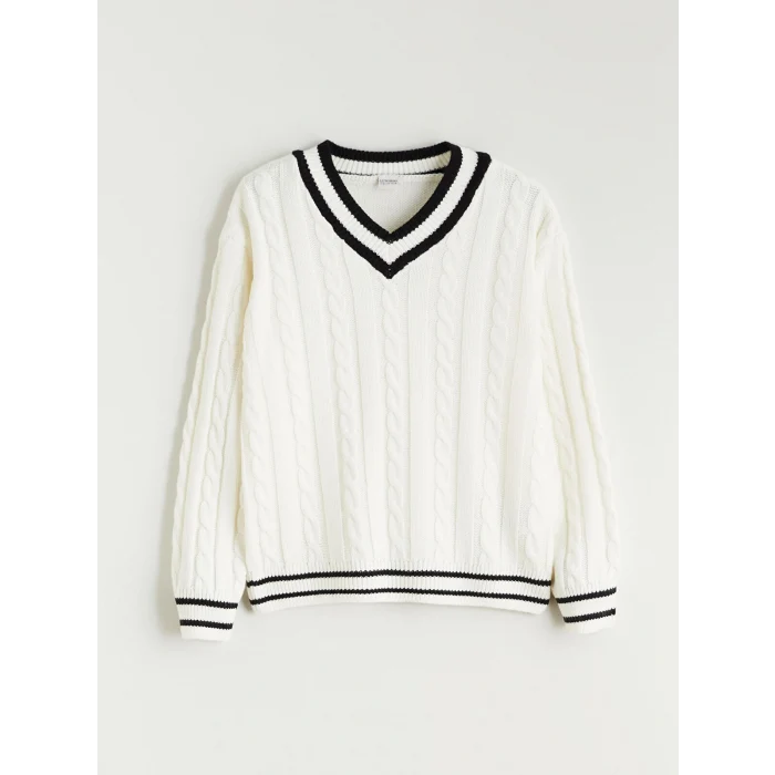 LCW Kids Ekru V Yaka Kız Çocuk Triko Kazak