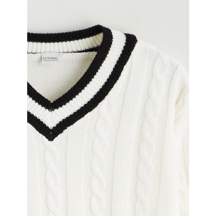 LCW Kids Ekru V Yaka Kız Çocuk Triko Kazak