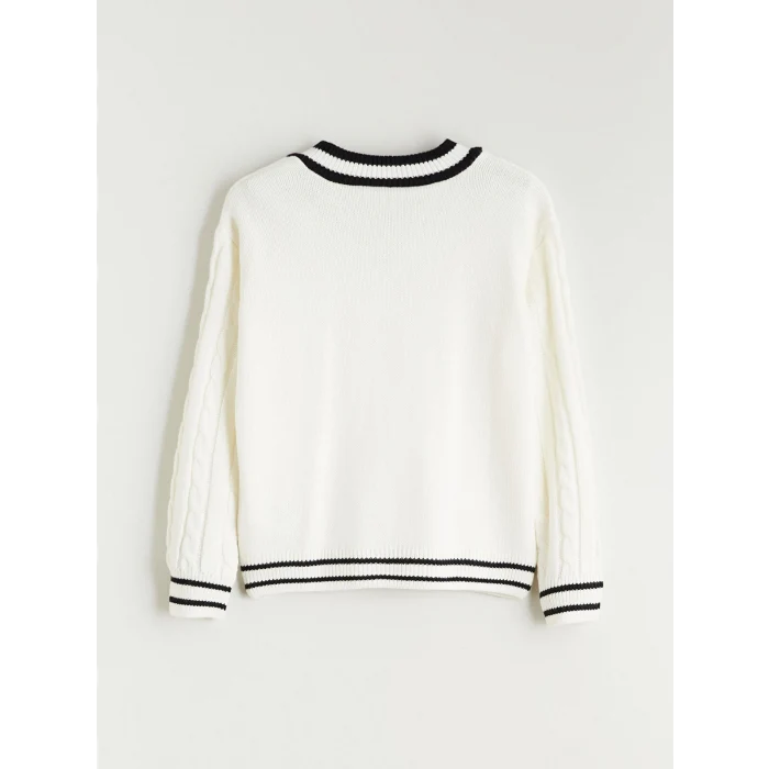 LCW Kids Ekru V Yaka Kız Çocuk Triko Kazak