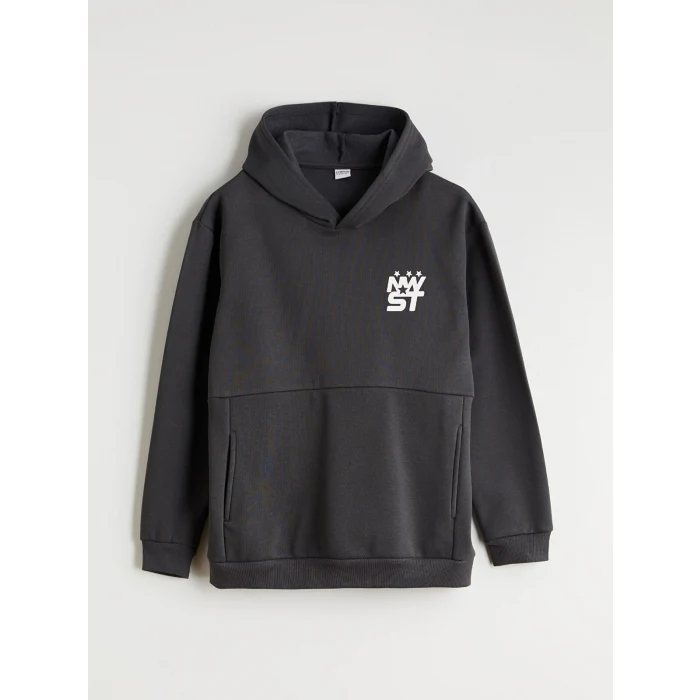 LCW Kids Antrasit Kapüşonlu Baskılı Erkek Çocuk Sweatshirt