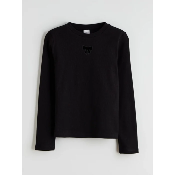 LCW Kids Siyah Bisiklet Yaka Fiyonk Detaylı Kız Çocuk Tişört