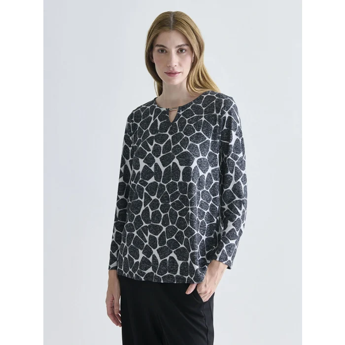 LCW Grace Siyah Bisiklet Yaka Desenli Bluz