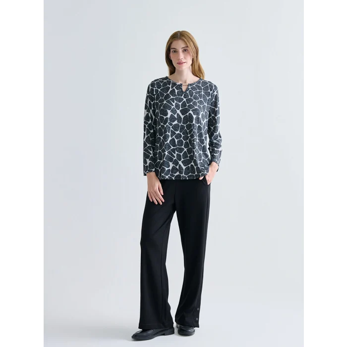 LCW Grace Siyah Bisiklet Yaka Desenli Bluz
