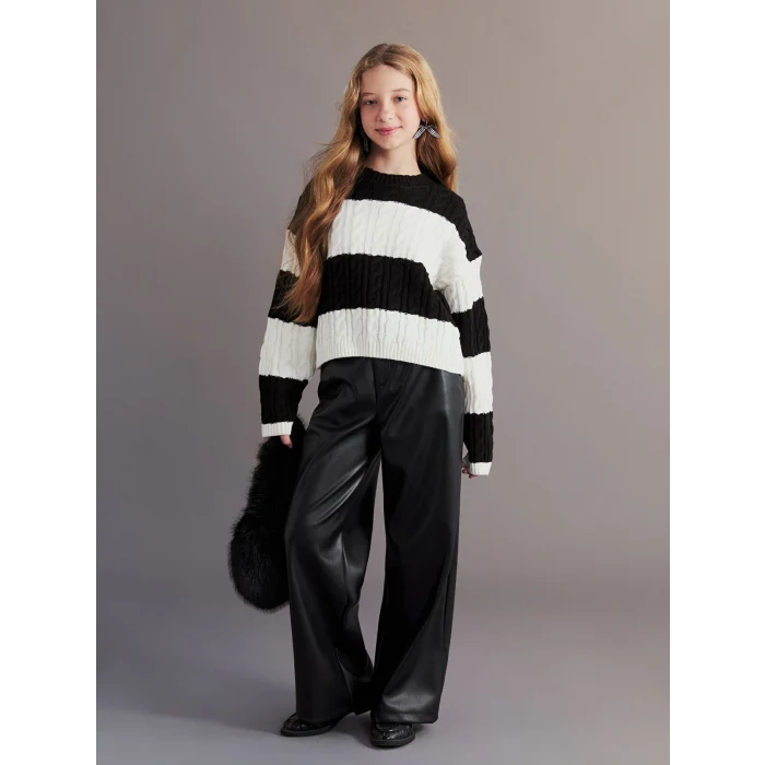 LCW Kids Ekru Çizgili Kız Çocuk Triko Kazak