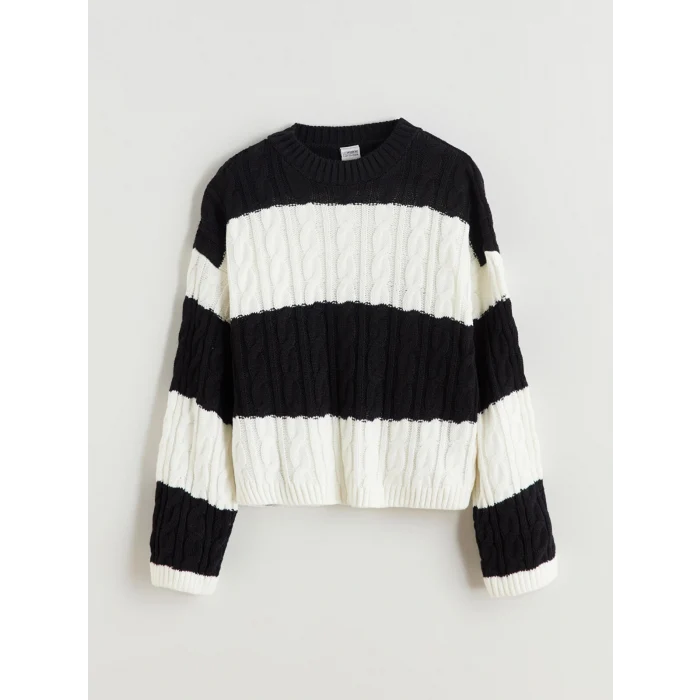 LCW Kids Ekru Çizgili Kız Çocuk Triko Kazak