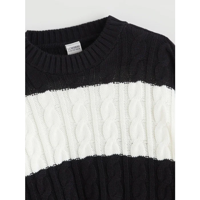 LCW Kids Ekru Çizgili Kız Çocuk Triko Kazak