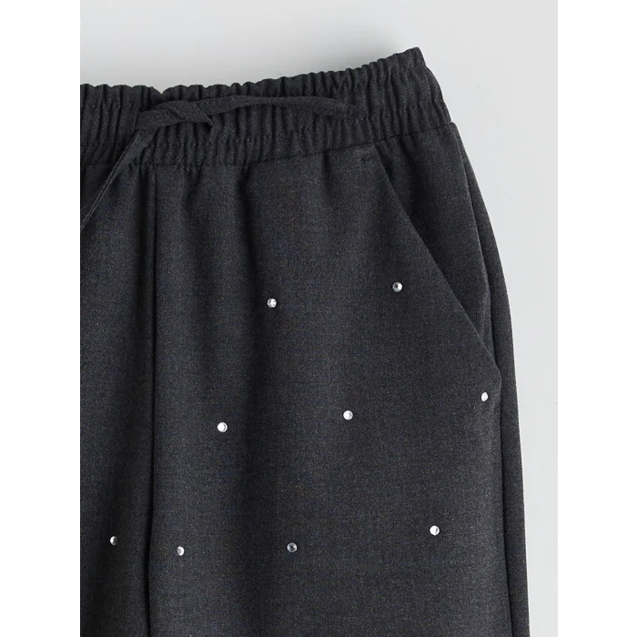 LCW Kids Gri Beli Lastikli Taşlı Kız Çocuk Pantolon