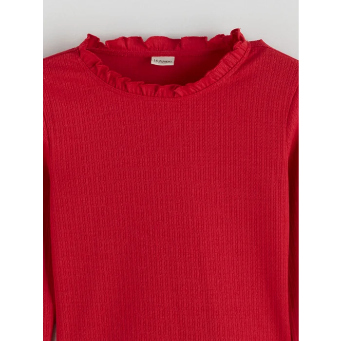 LCW Kids Kırmızı Fırfırlı Dik Yaka Kız Çocuk Tişört