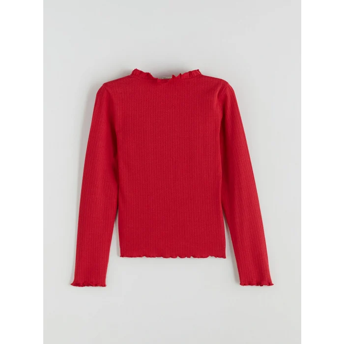 LCW Kids Kırmızı Fırfırlı Dik Yaka Kız Çocuk Tişört