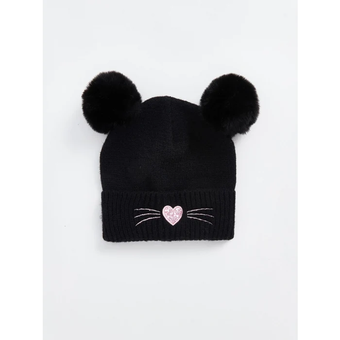 LCW ACCESSORIES Siyah Kalp Nakışlı Kız Çocuk Bere