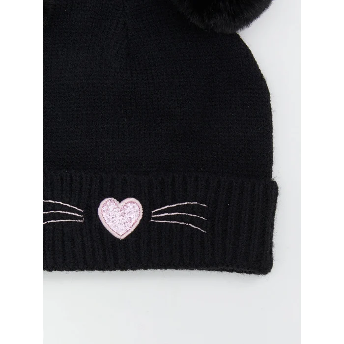 LCW ACCESSORIES Siyah Kalp Nakışlı Kız Çocuk Bere