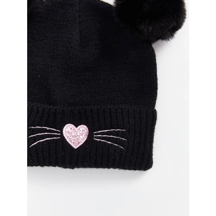 LCW ACCESSORIES Siyah Kalp Nakışlı Kız Çocuk Bere