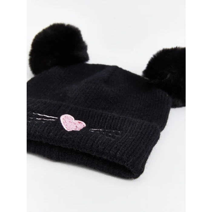 LCW ACCESSORIES Siyah Kalp Nakışlı Kız Çocuk Bere