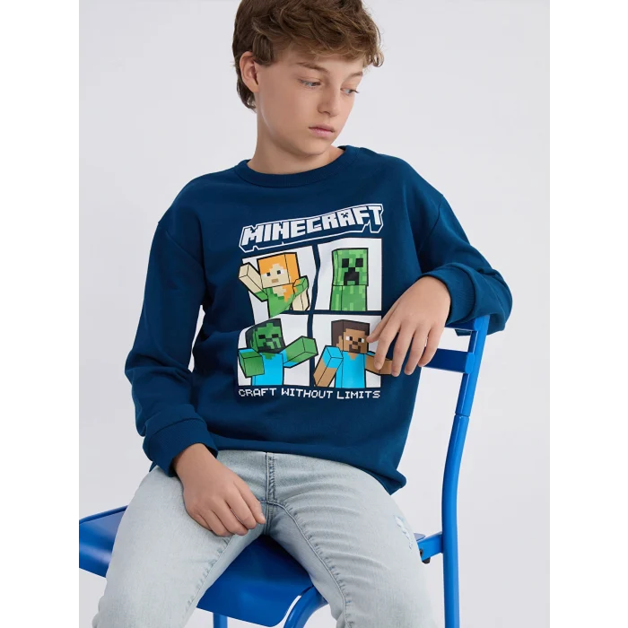 LCW Kids Petrol Bisiklet Yaka Minecraft Baskılı Erkek Çocuk Sweatshirt