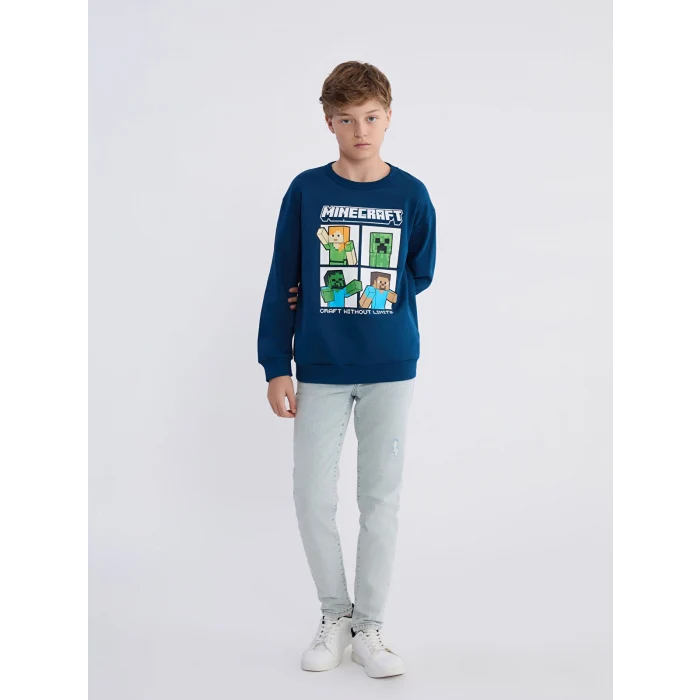 LCW Kids Petrol Bisiklet Yaka Minecraft Baskılı Erkek Çocuk Sweatshirt