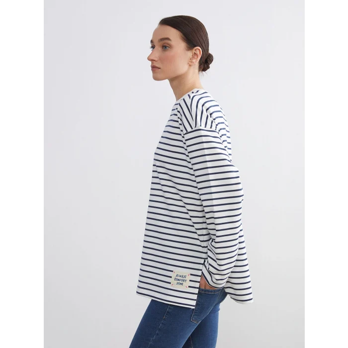 LCW Comfort Lacivert Bisiklet Yaka Çizgili Kadın Sweatshirt