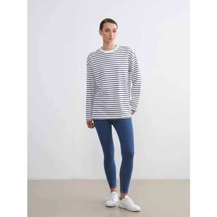 LCW Comfort Lacivert Bisiklet Yaka Çizgili Kadın Sweatshirt