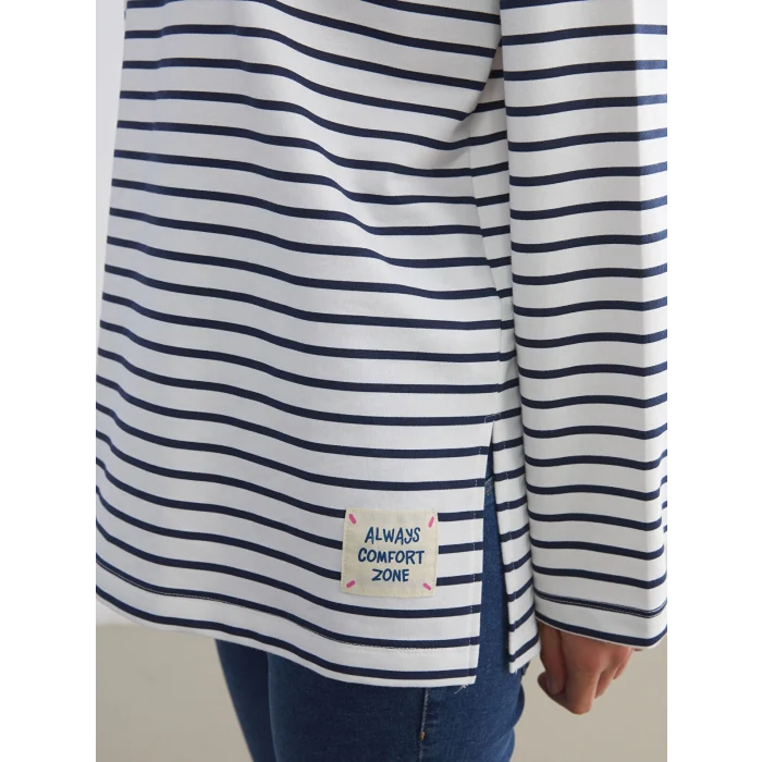 LCW Comfort Lacivert Bisiklet Yaka Çizgili Kadın Sweatshirt