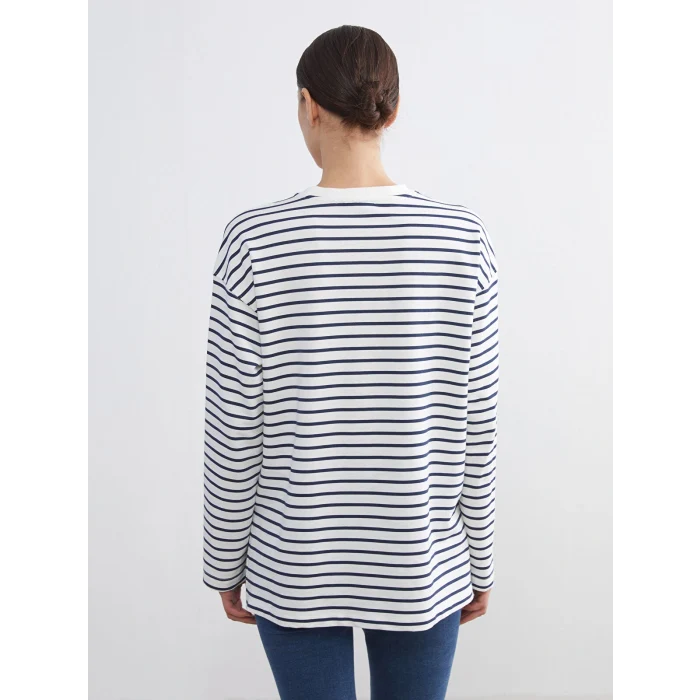 LCW Comfort Lacivert Bisiklet Yaka Çizgili Kadın Sweatshirt