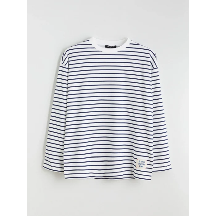 LCW Comfort Lacivert Bisiklet Yaka Çizgili Kadın Sweatshirt