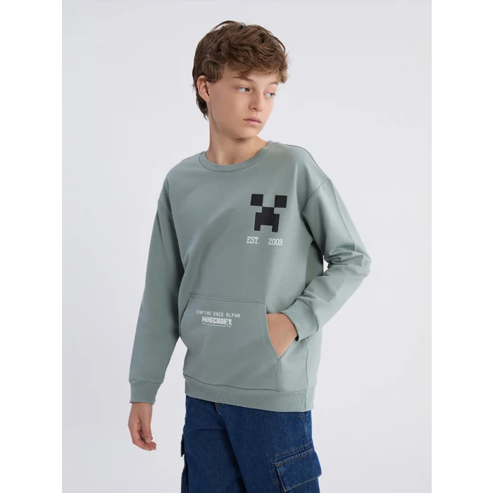 LCW Kids Yeşil Bisiklet Yaka Minecraft Baskılı Erkek Çocuk Sweatshirt