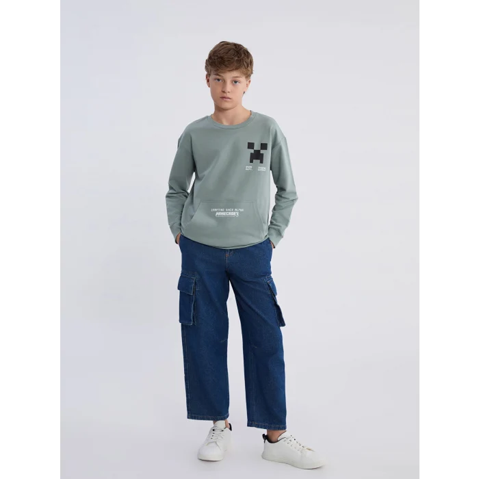 LCW Kids Yeşil Bisiklet Yaka Minecraft Baskılı Erkek Çocuk Sweatshirt