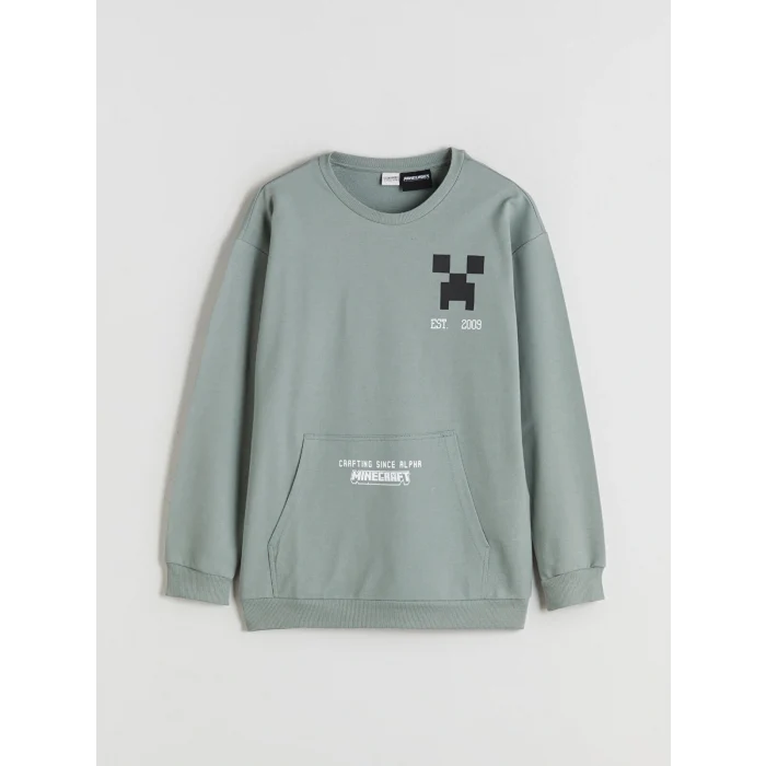LCW Kids Yeşil Bisiklet Yaka Minecraft Baskılı Erkek Çocuk Sweatshirt