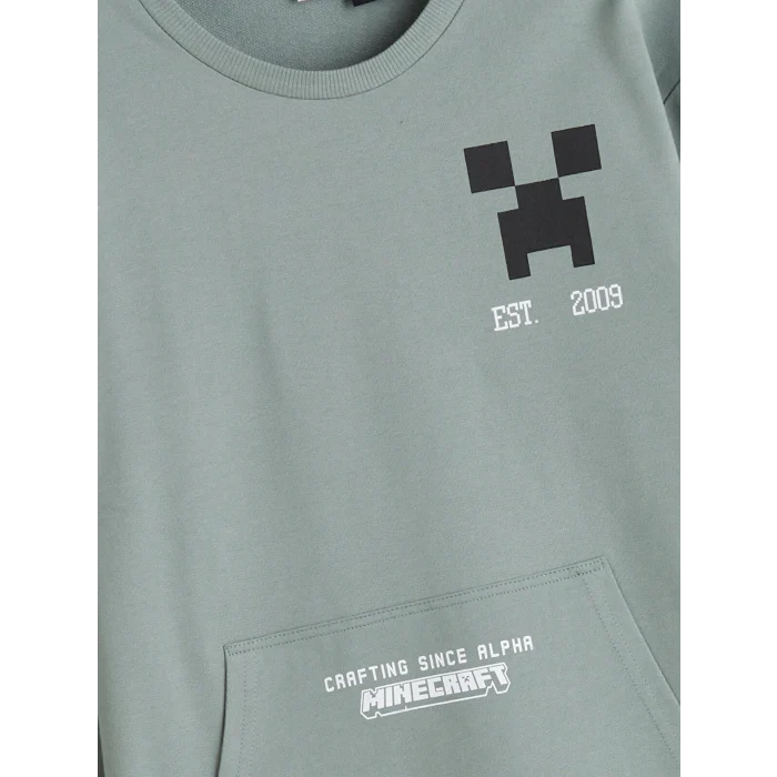 LCW Kids Yeşil Bisiklet Yaka Minecraft Baskılı Erkek Çocuk Sweatshirt