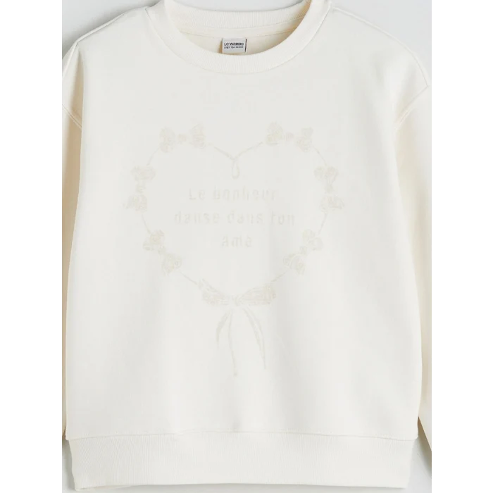 LCW Kids Ekru Bisiklet Yaka Kız Çocuk Sweatshirt