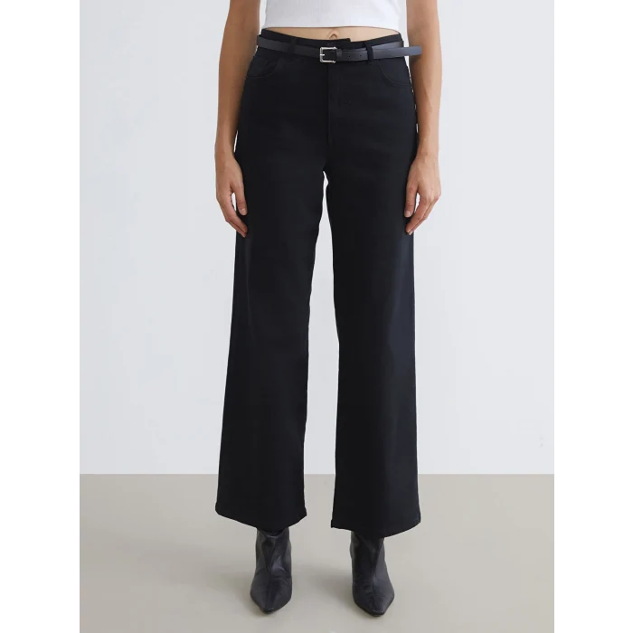 LCW Jeans Siyah Beli Kemerli Wideleg Kadın Jean Pantolon