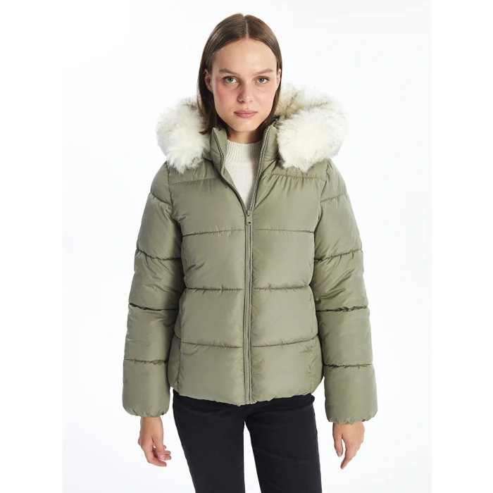 LCW Vision Haki Kadın Kapüşonlu Düz Şişme Mont