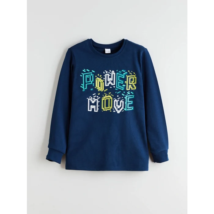 LCW Kids Lacivert Bisiklet Yaka Baskılı Erkek Çocuk Pijama Takımı