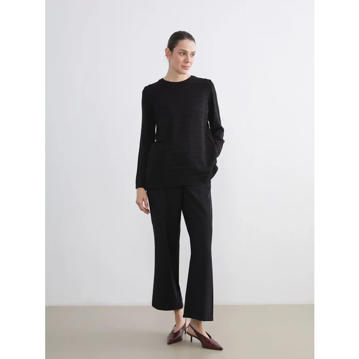 LCW Grace Siyah Bisiklet Yaka Çizgili Kadın Triko Kazak